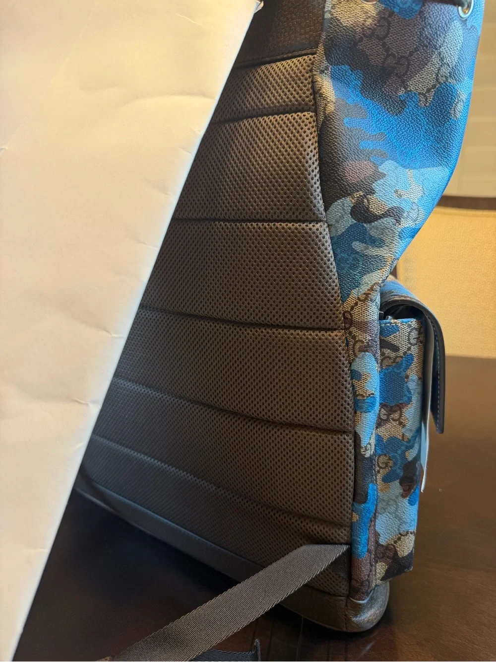 New Authentic Gucci GG Supreme Logo Blue Camo Backpack Tan Size Large